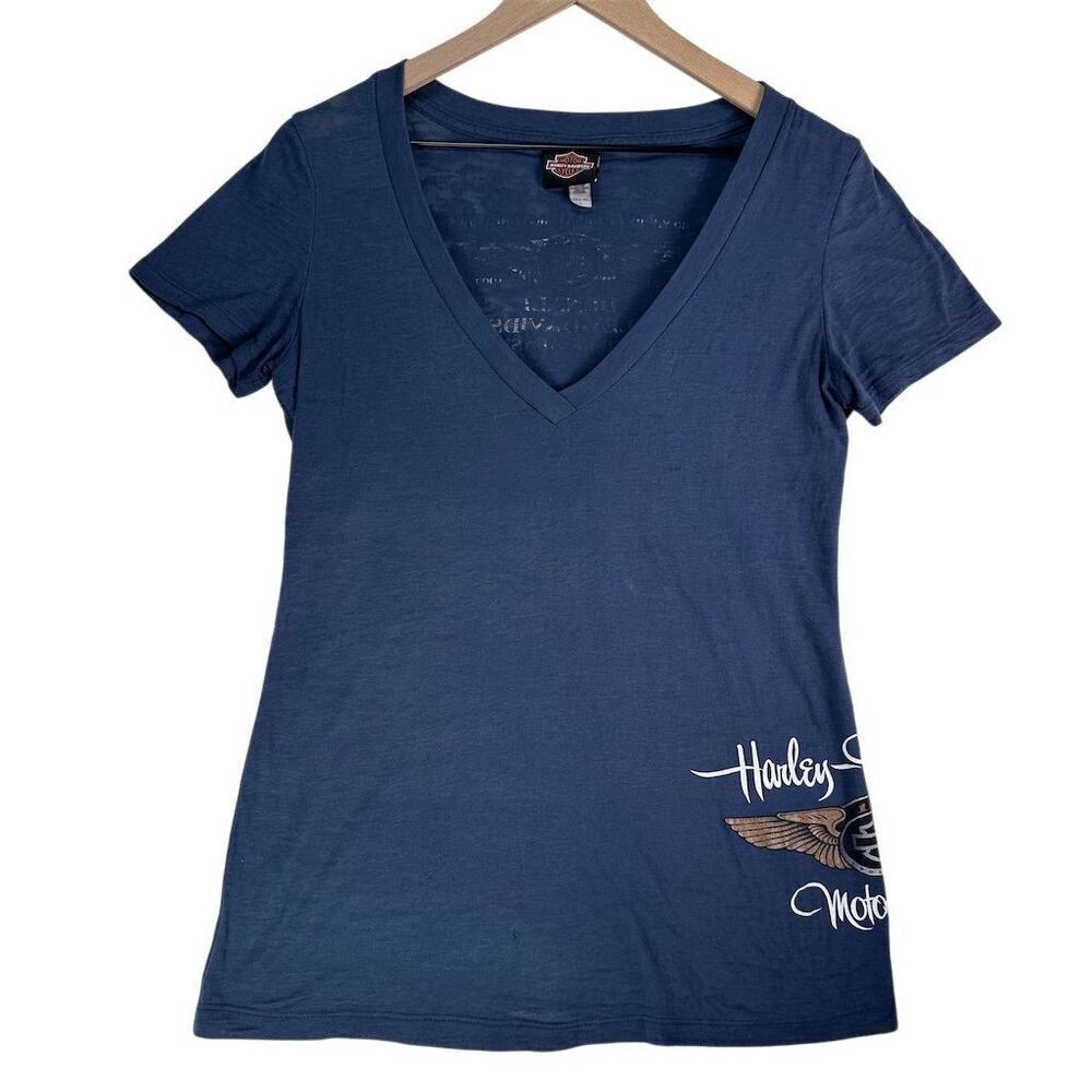 Harley-Davidson Women's‎ V-Neck Graphic Tee Blue Size L Standard Wasilla, Alaska